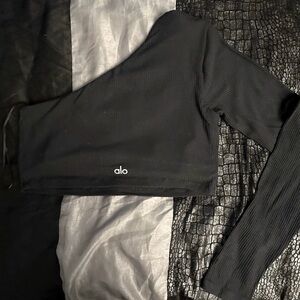 ALO Yoga Black Ribbed One-Shoulder Top